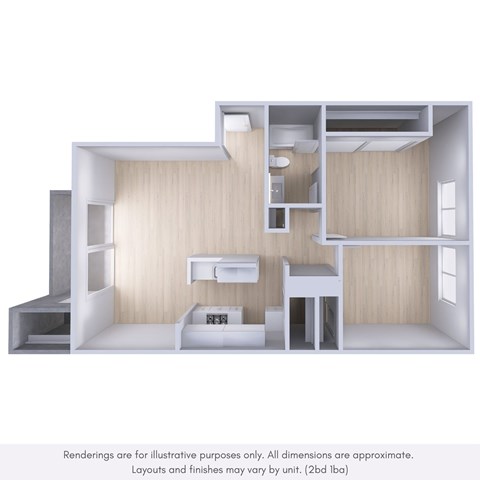 Floor plan for 2 beds, 1 bath, 930 sqft